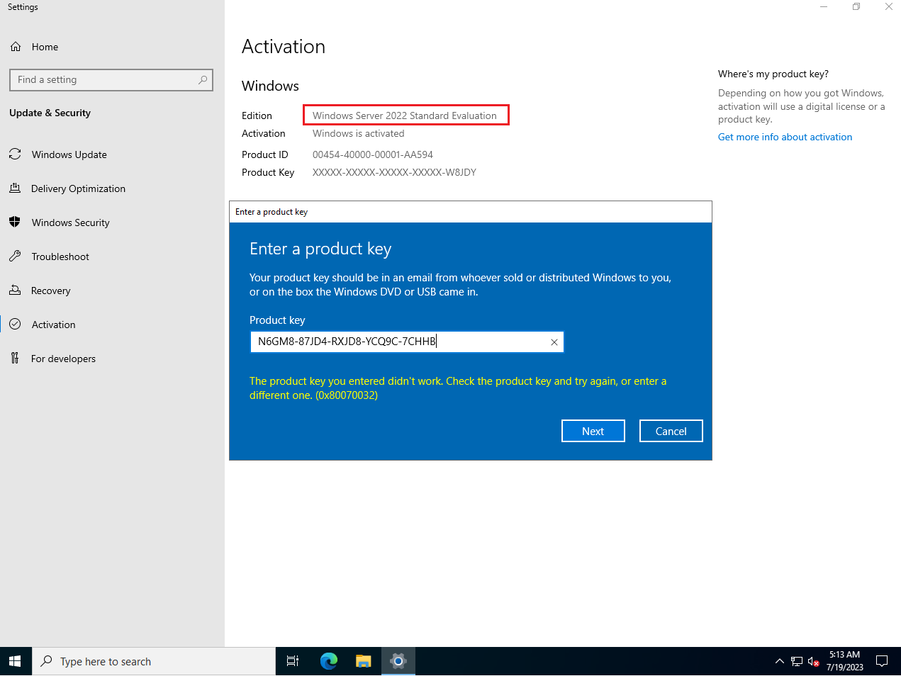 Windows Server 2022 Standard Evaluation error 0x80070032