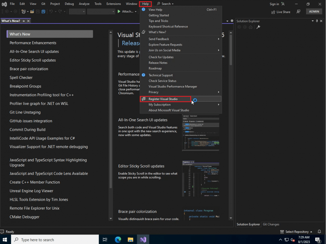 Register Visual Studio 2022