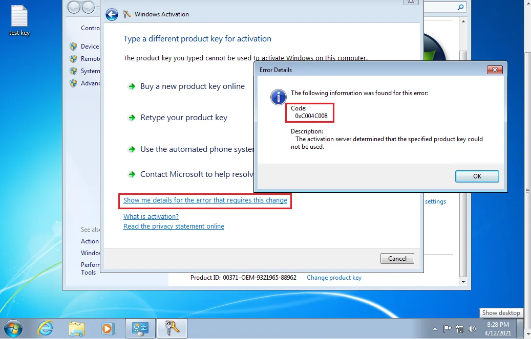 Windows 7 product key error 0xc004c008